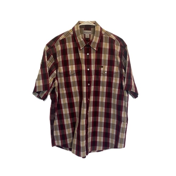 Carhart Men’s Pearl Snap Button Down Red Beige Plaid Button Down Shirt Sz L - Picture 1 of 5